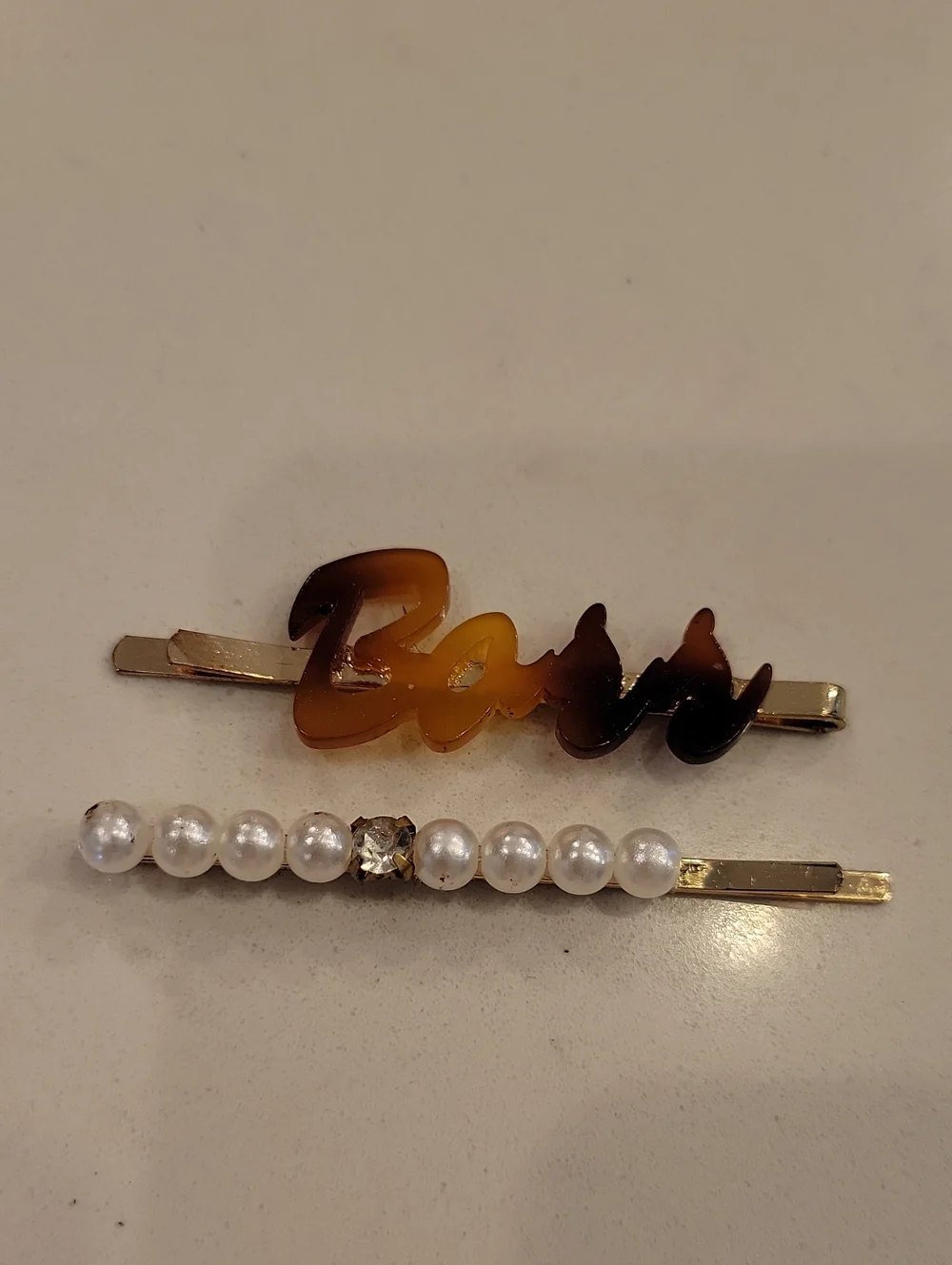 Boss Brown Tortoiseshell Script & Pearl Accent Hair Pin Duo